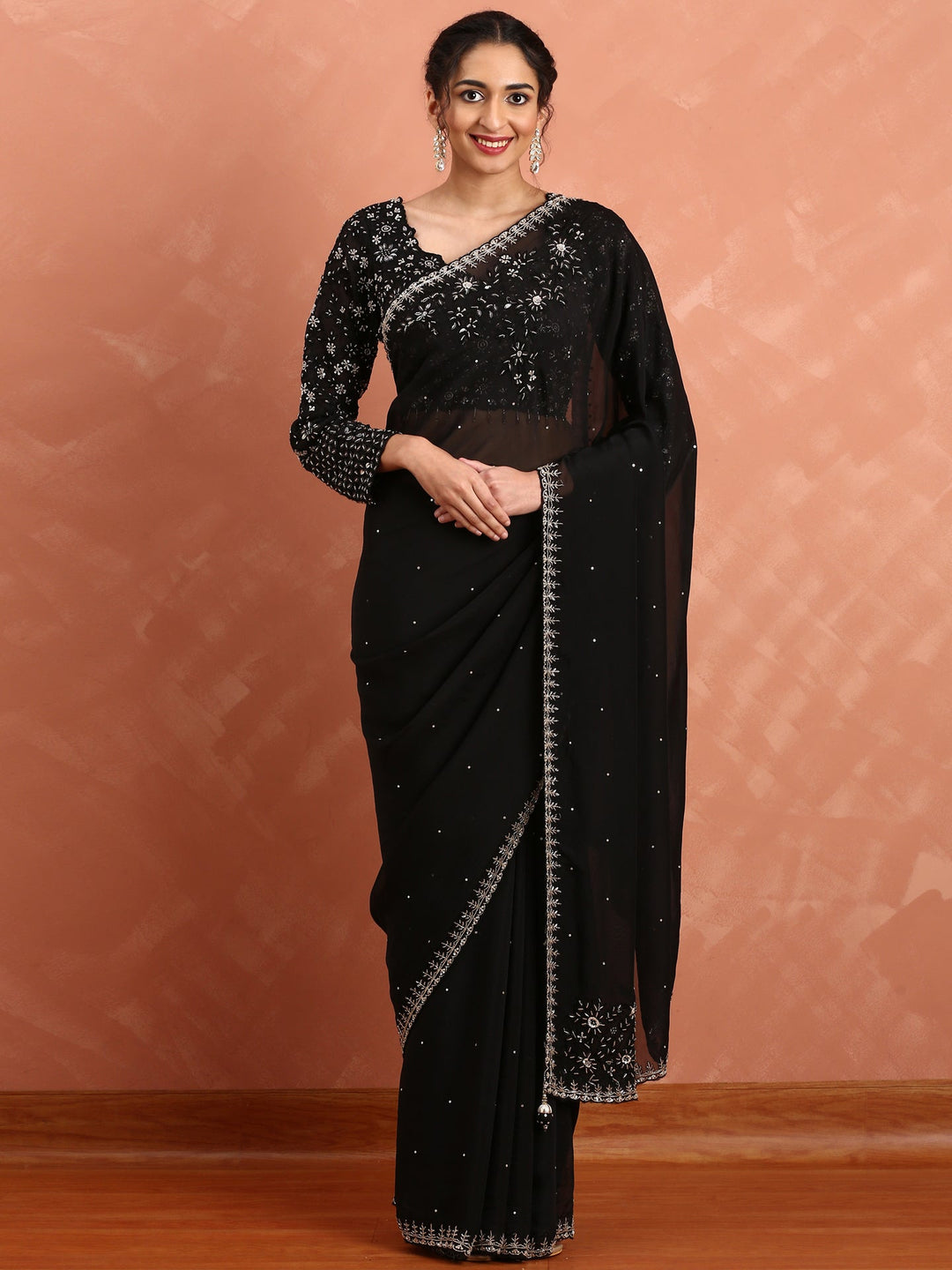 Neerus Black organza hand embroidered saree - front view