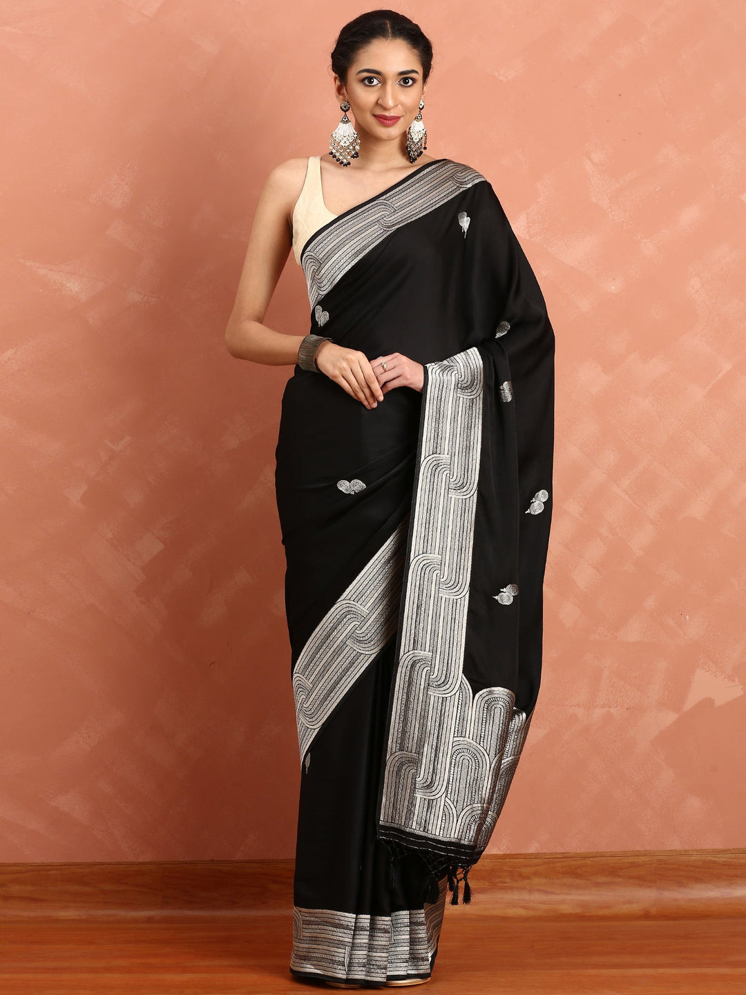 Neerus Black Banarasi woven saree with silver zari motifs - front view