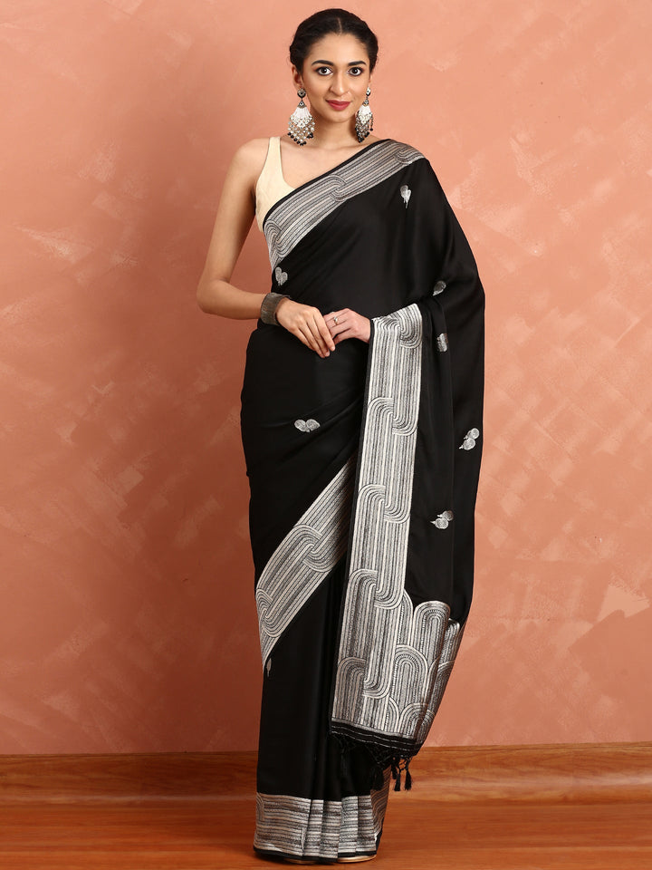 Neerus Black Banarasi woven saree with silver zari motifs - front view