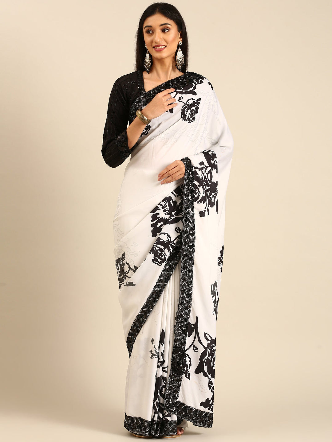 Neerus Black satin hand embroidered printed saree - front view