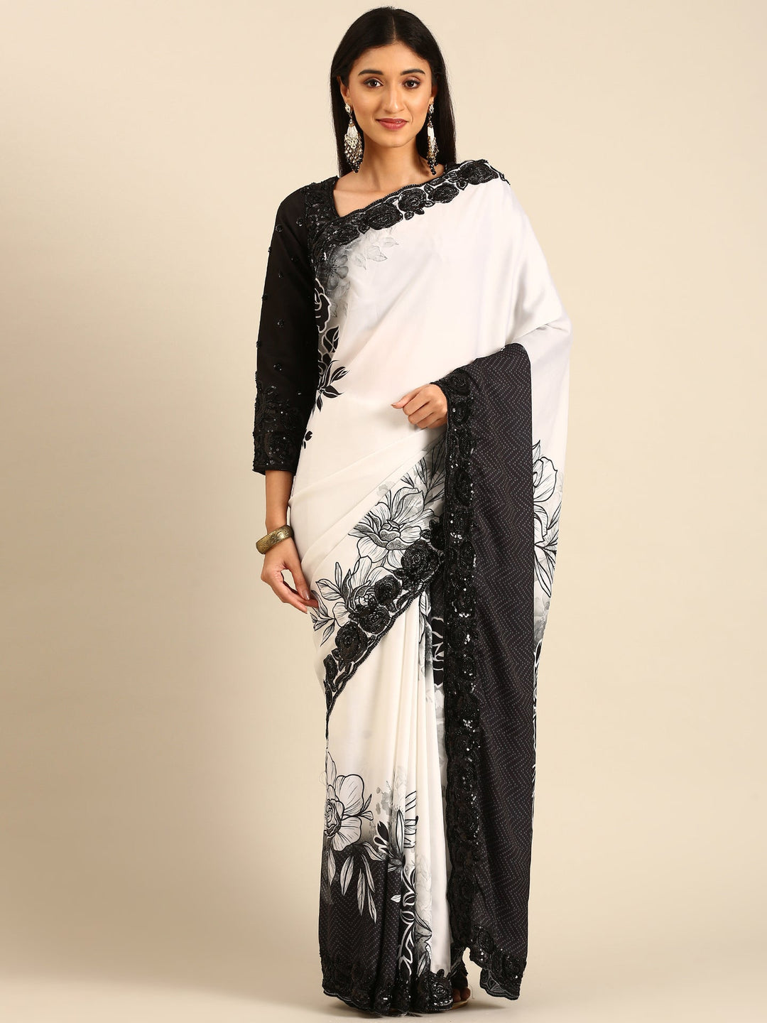 Neerus Black satin hand embroidered printed saree - front view