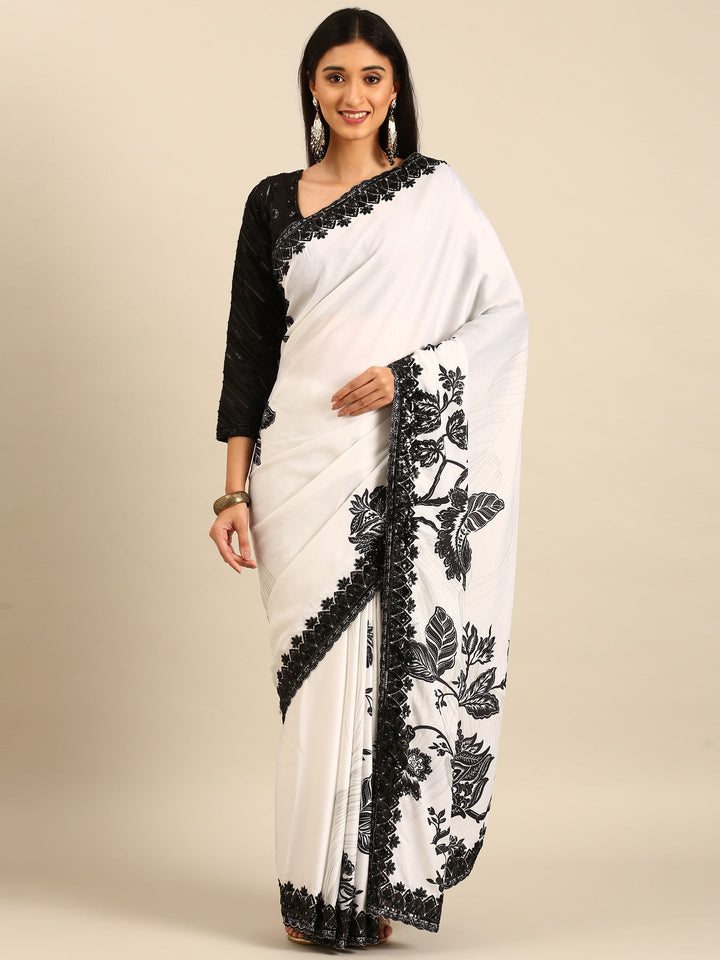 Neerus Black satin hand embroidered printed saree - front view