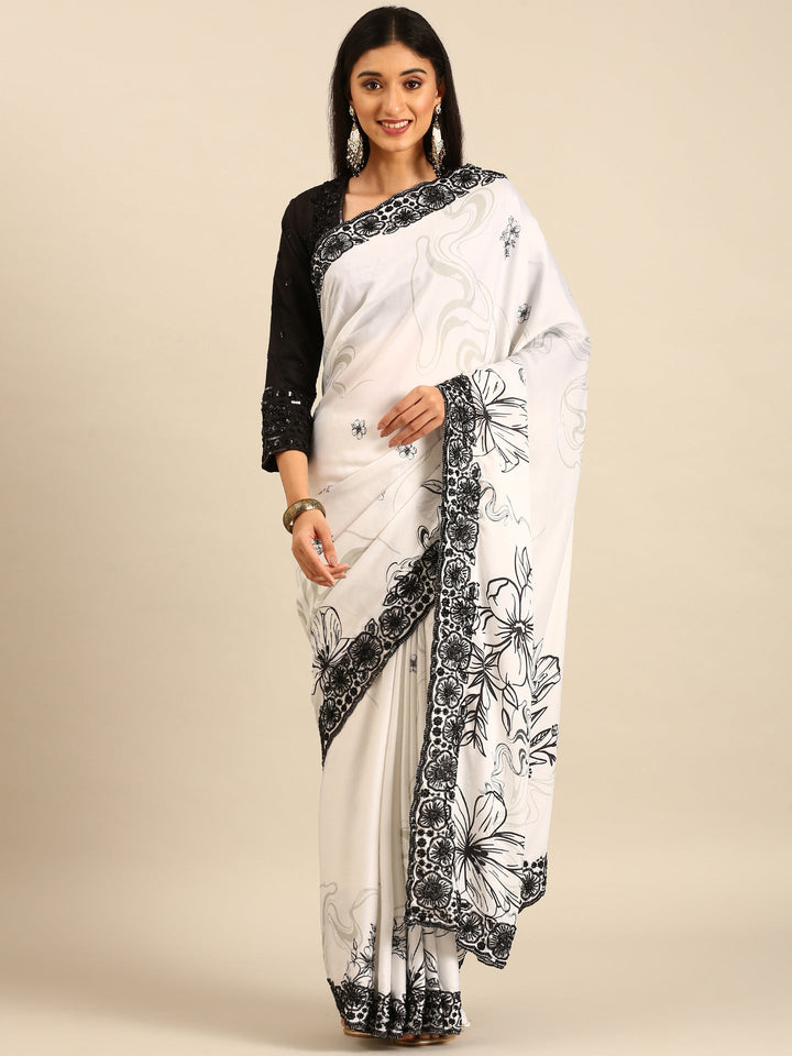 Black & White Satin Printed Saree With Hand Embroidery And Ready Made Blouse