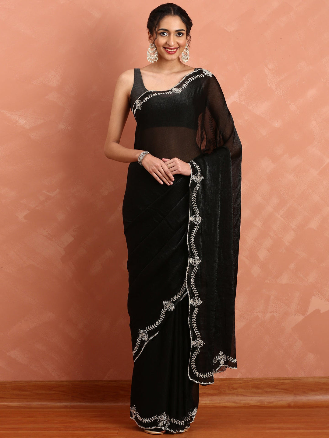 Neerus Black tissue hand embroidered saree - front view