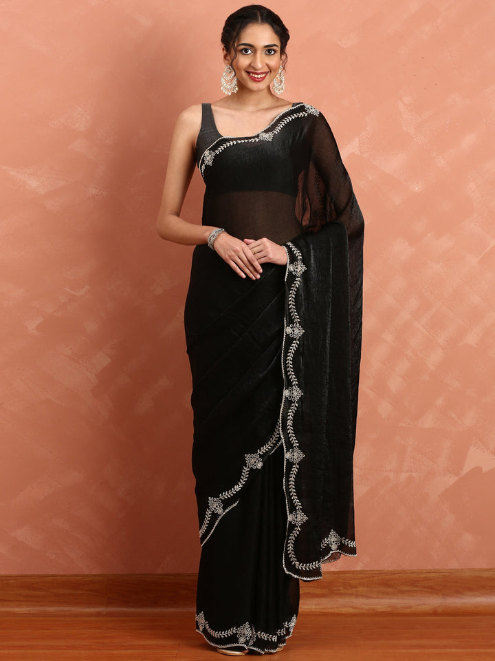 Neerus Black tissue hand embroidered saree - front view