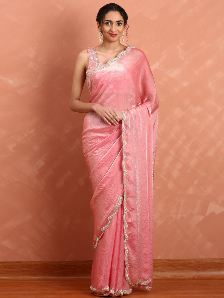 Neerus Pink tissue embellished saree with pearl cut dana embroidery - front view