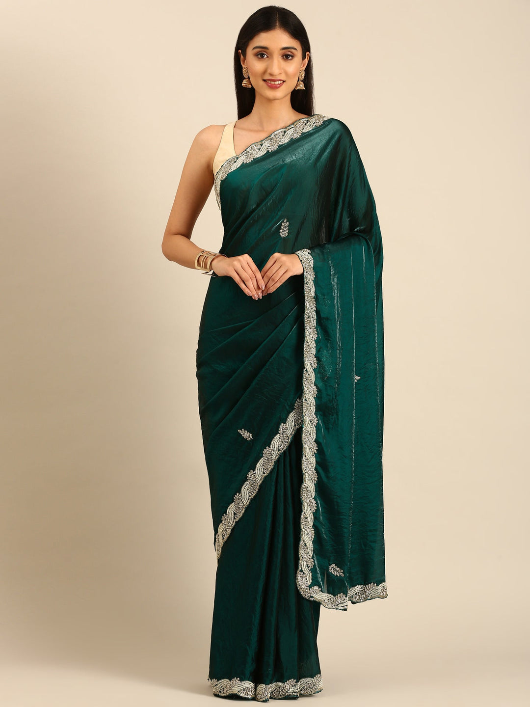 Neerus Green tissue embellished saree - front view