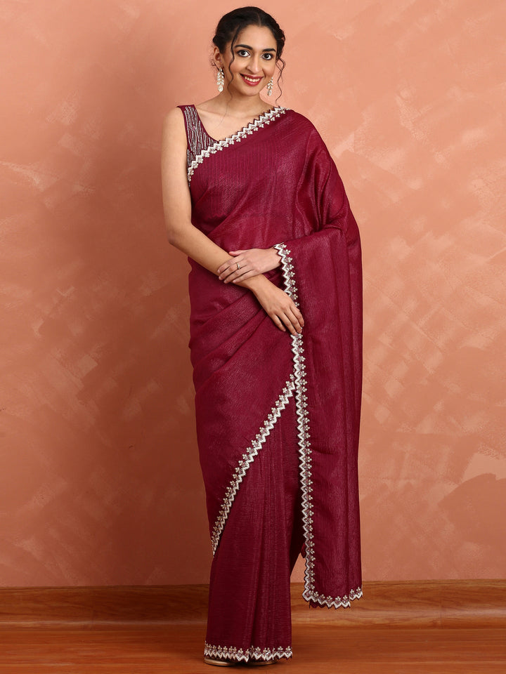 Neerus Maroon satin embellished saree - front view