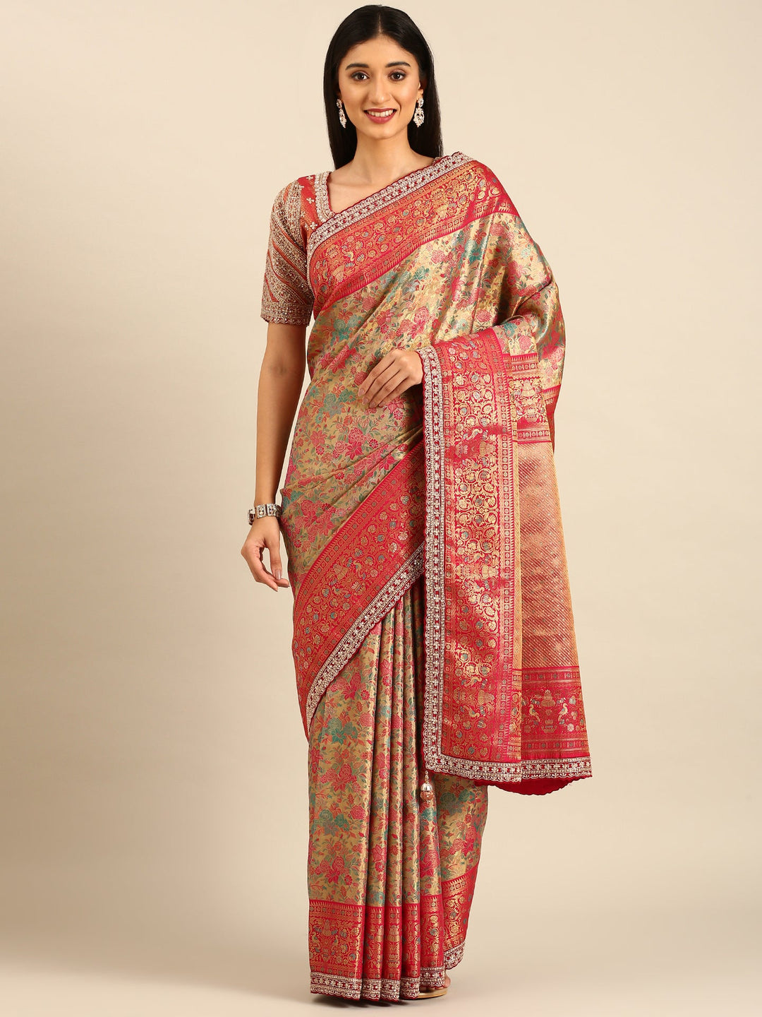 Neerus Gold Banarasi hand embroidered saree with meenakari jaal border - front view