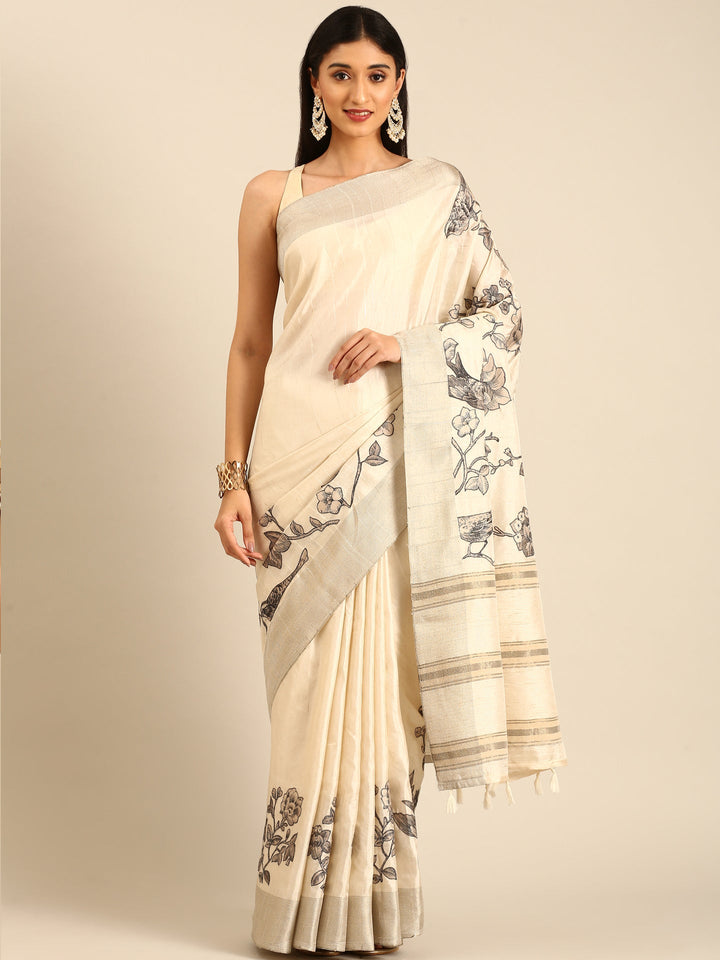 Neerus White raw silk printed floral saree - front view