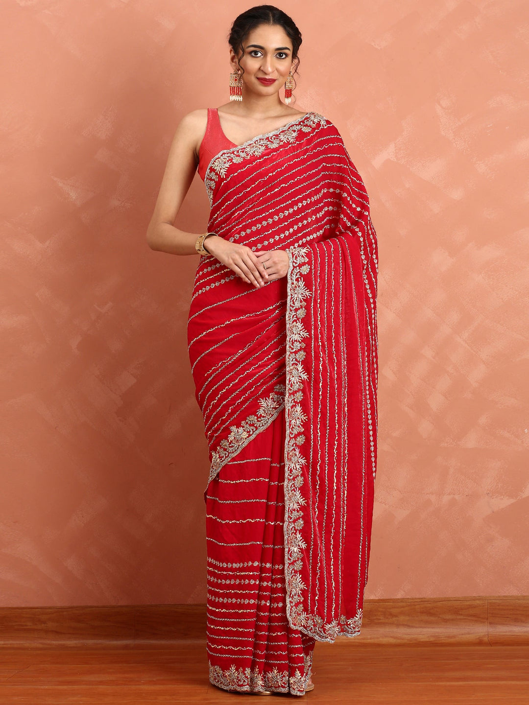 Neerus Red embellished Swarovski Cut Dana saree - front view