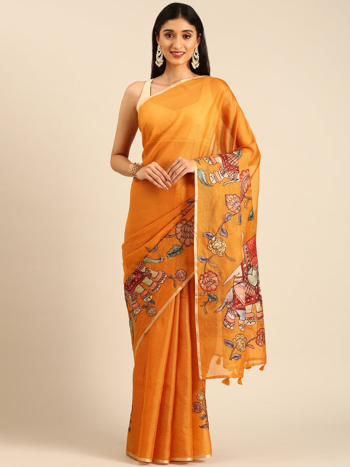 Neerus Yellow Kota Kalamkari appliqué saree - front view