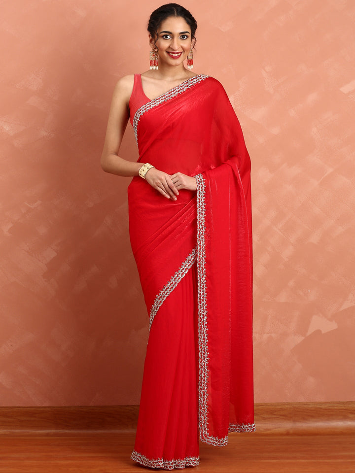 Neerus Red embellished Jimmy saree with pearl and cut Dana embroidery - front view