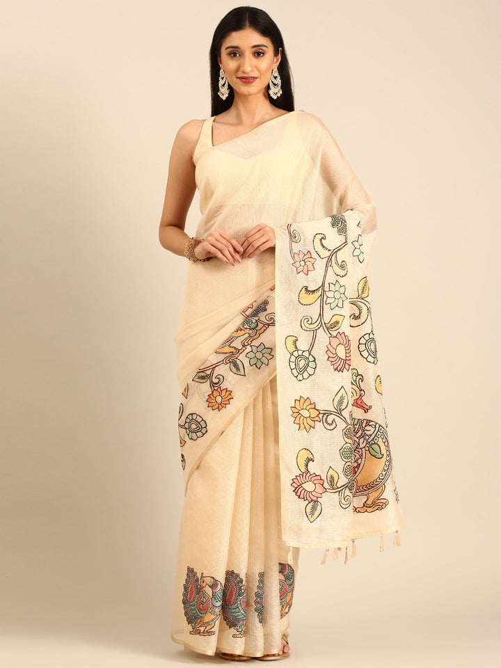 Neerus Beige Kota embellished saree with kalamkari applique pallu - front view
