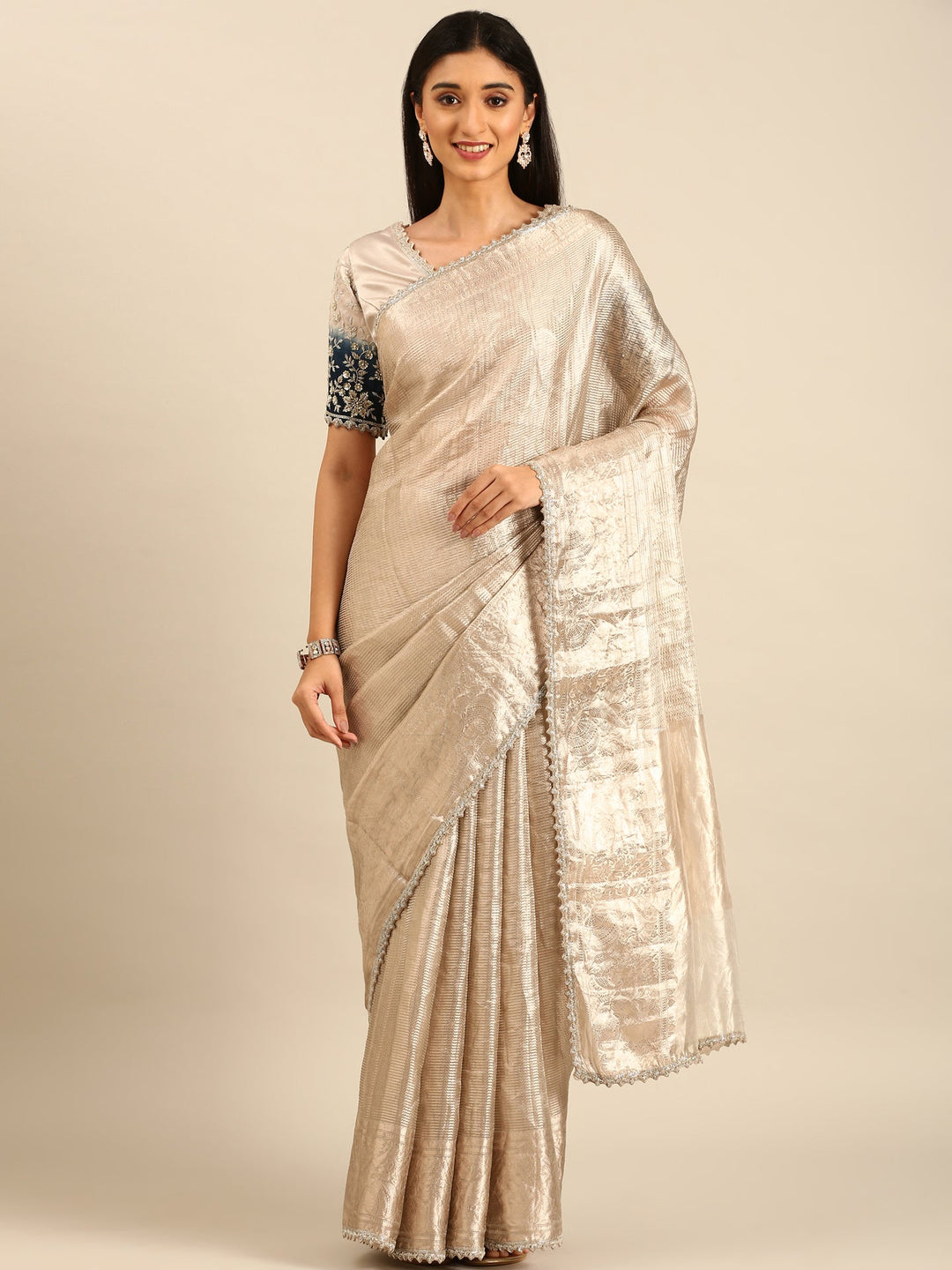 Neerus Grey tissue hand embroidered zari saree - front view