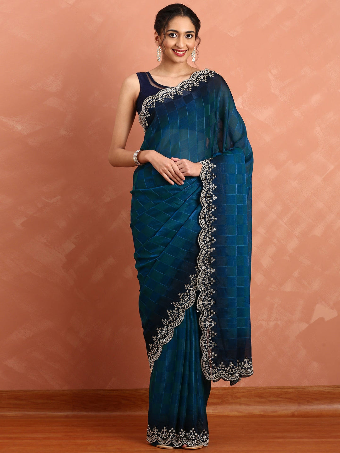 Neerus Blue organza hand embroidered saree - front view