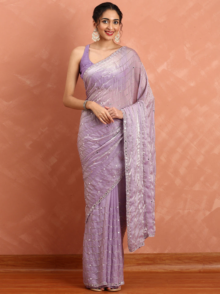 Neerus Purple tissue mirror work saree - front view