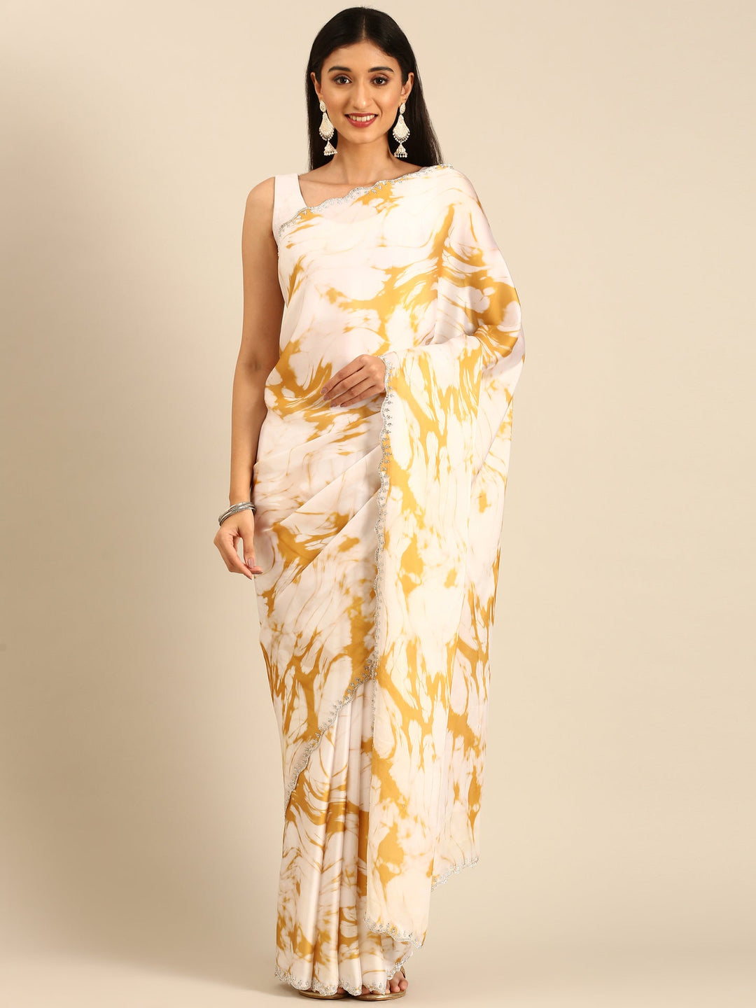 Neerus Yellow satin embellished printed saree - front view