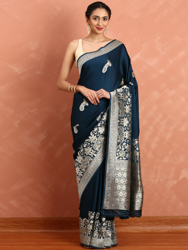 Neerus Blue Banarasi woven saree with peacock motifs - front view