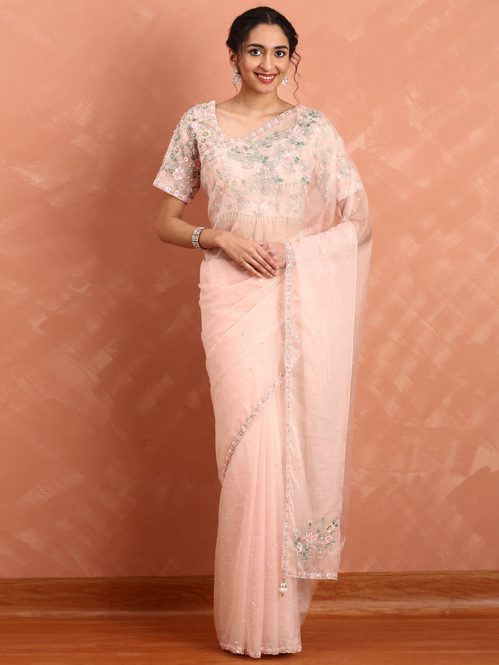 Neerus Orange organza embroidered saree - front view