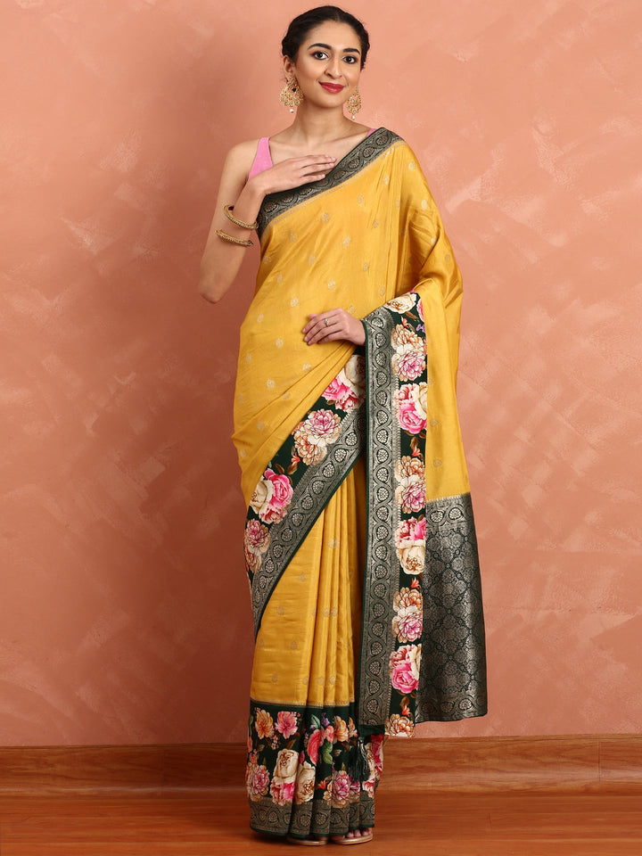 Yellow banarsi saree with floral print & zari border
