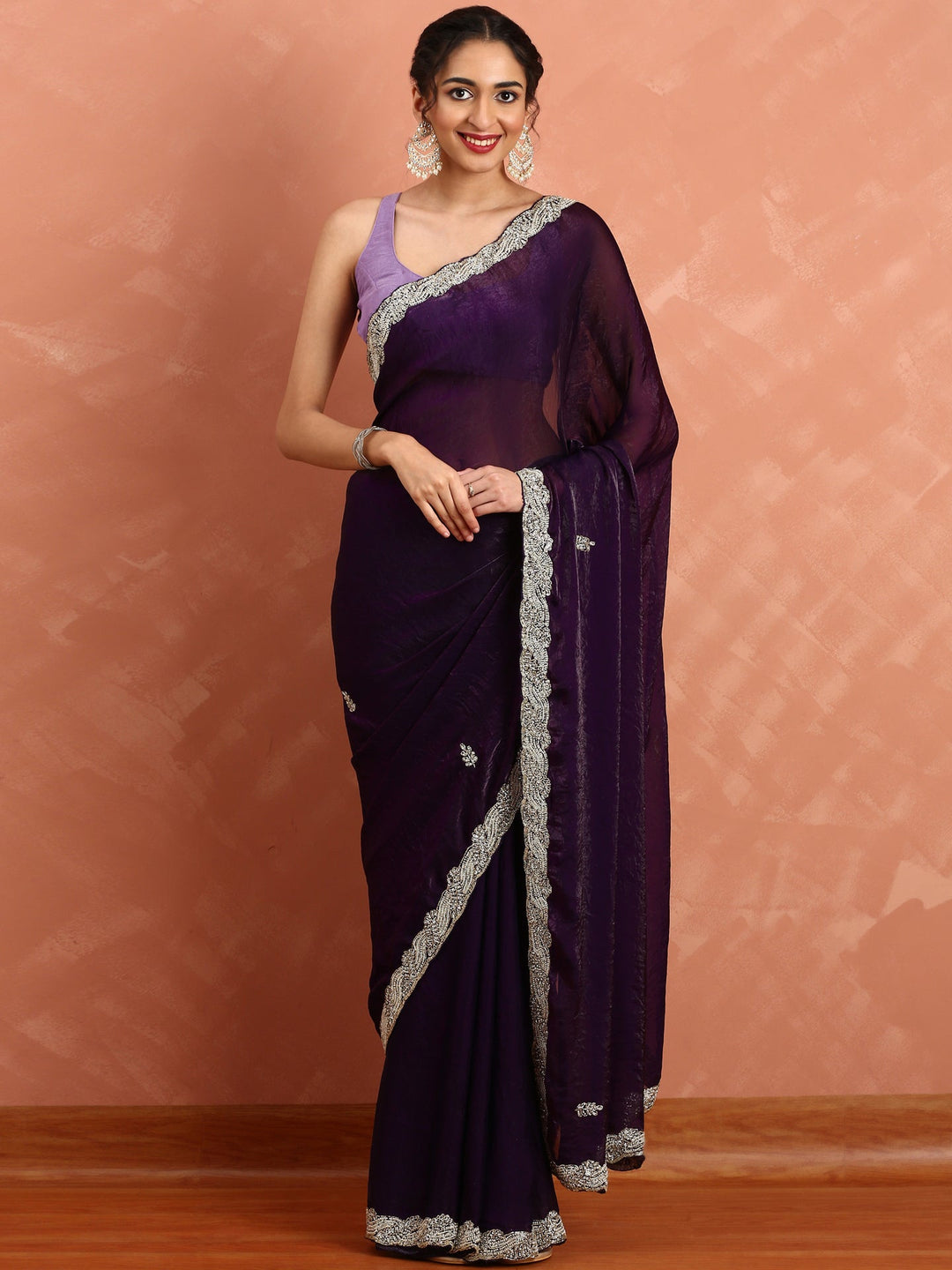 Neerus Maroon satin hand embroidered saree - front view