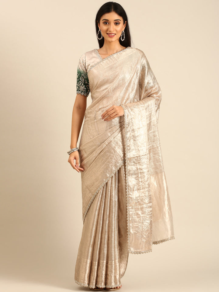 Neerus Grey tissue woven saree with green contrast blouse - front view