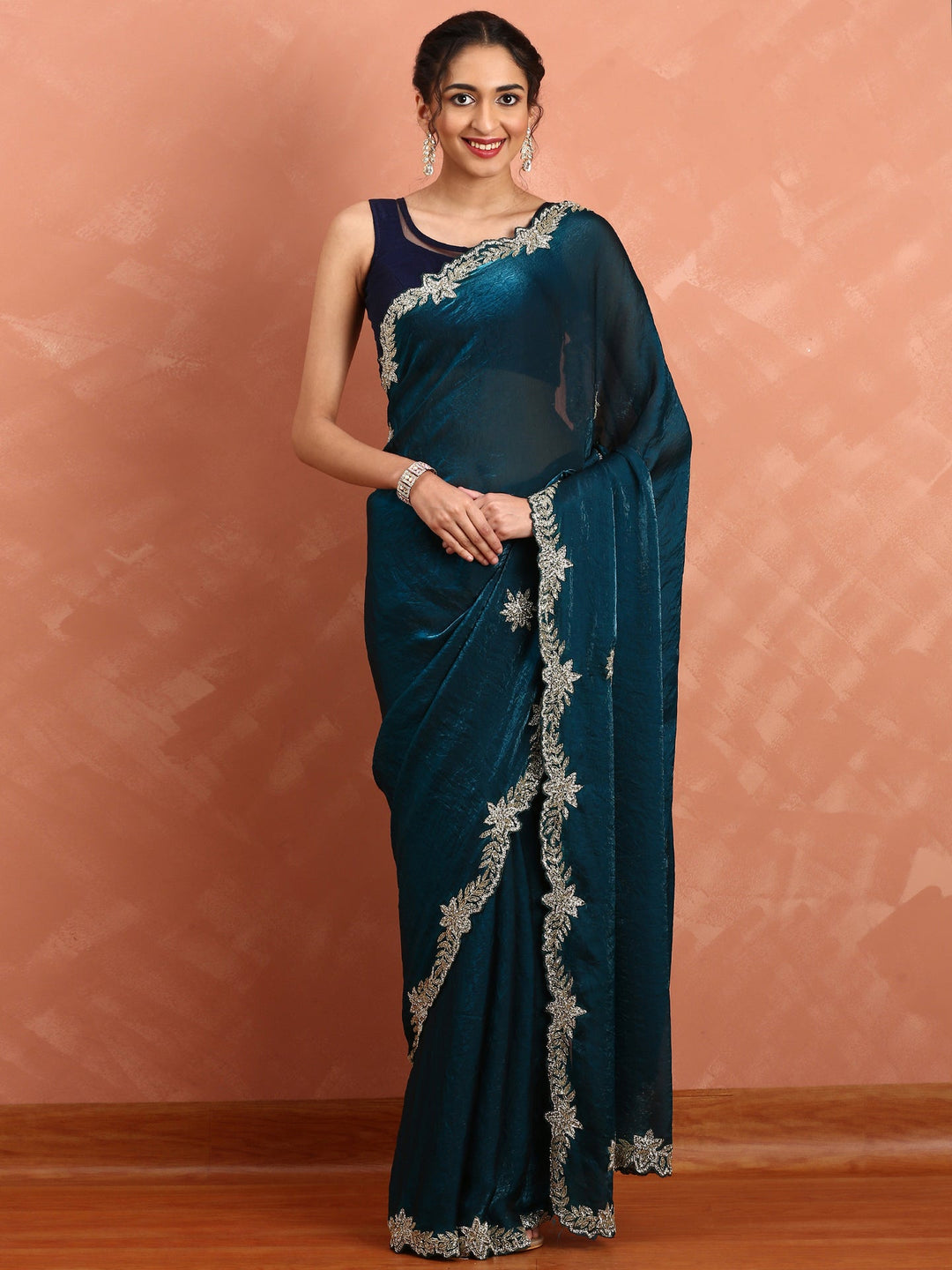 Neerus Blue satin hand embroidered saree - front view