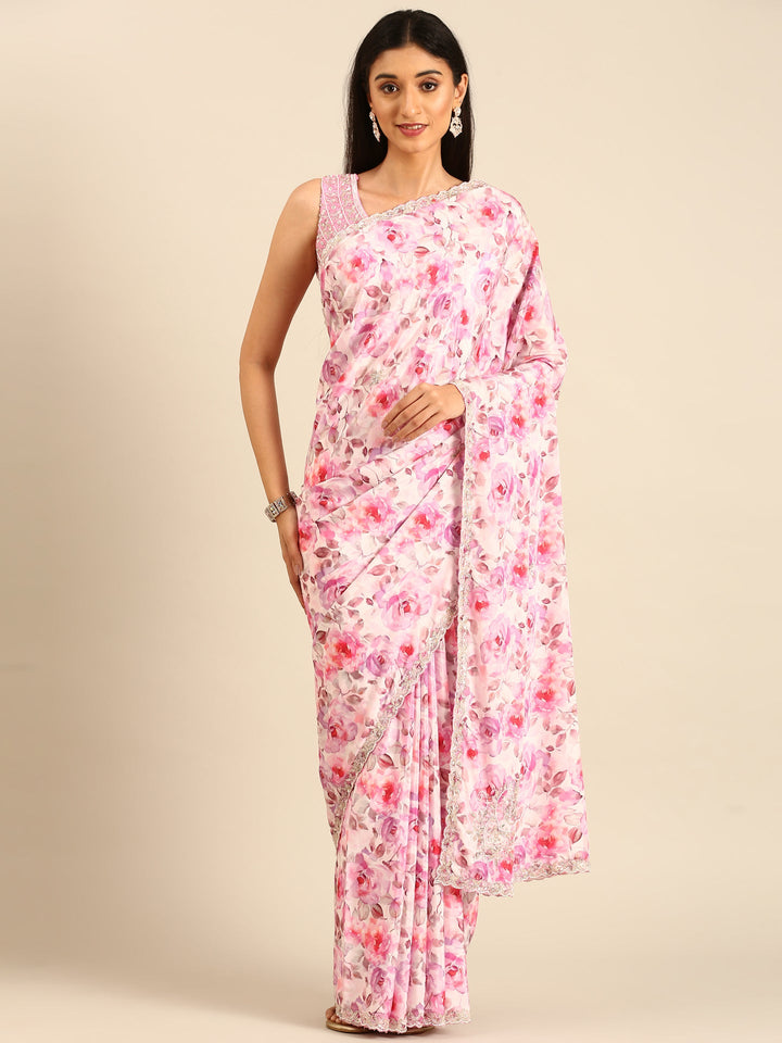 Pink floral printed satin saree with pearls & sequins embroidery with heavy ready made blouse