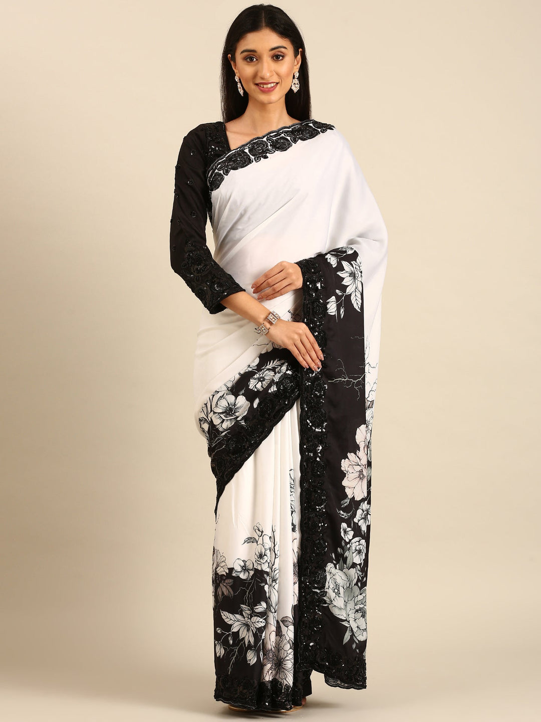 Neerus Black satin hand embroidered printed saree - front view