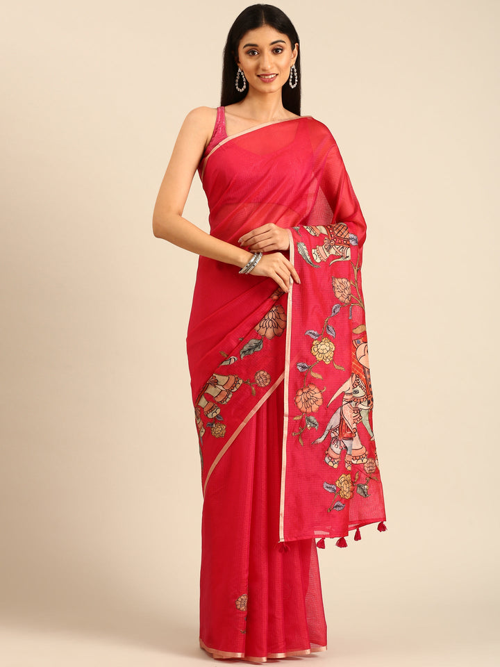 Neerus Pink Kota embellished saree with kalamkari appliqué pallu - front view