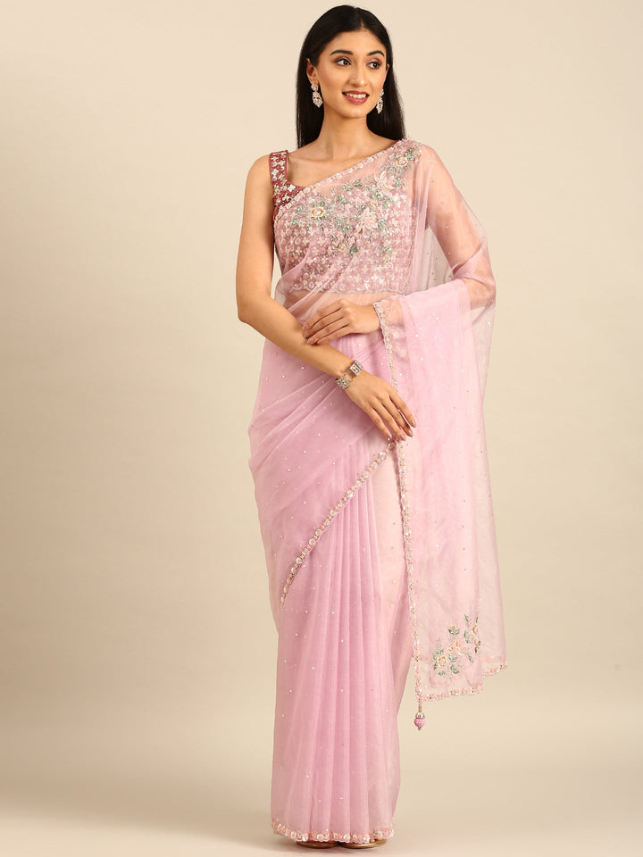 Neerus Purple organza hand embroidered saree - front view