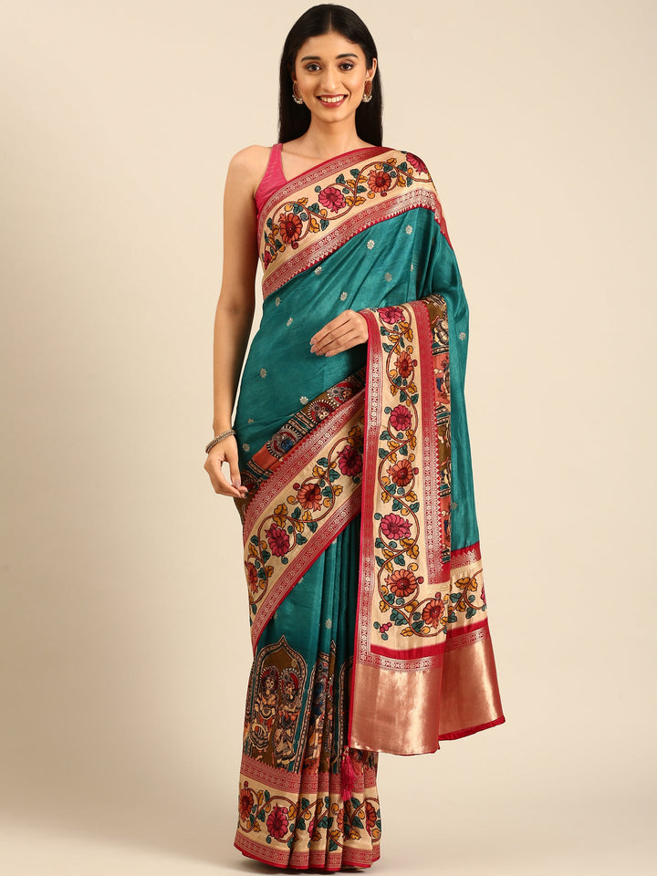 Neerus Green Banarasi printed saree with Kalamkari border - front view