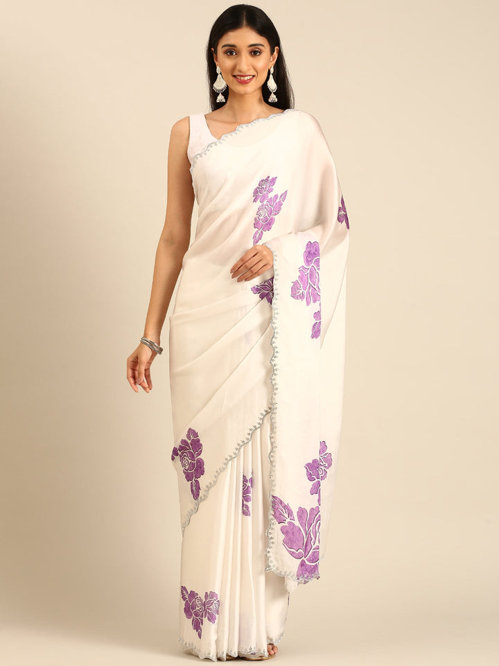 Off white printed satin saree with lavender motifs & Swarovski embroidery