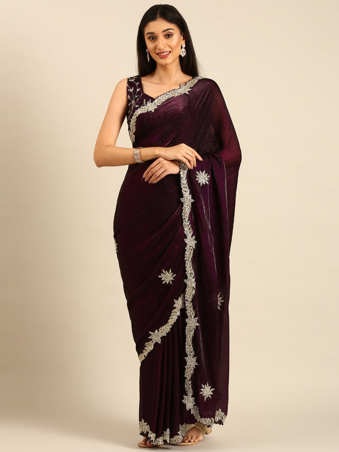 Neerus Maroon tissue embellished saree - front view