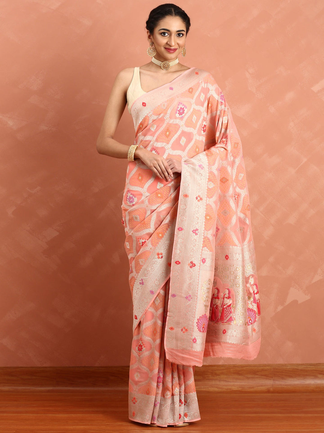 Neerus Pink Banarasi woven saree - front view