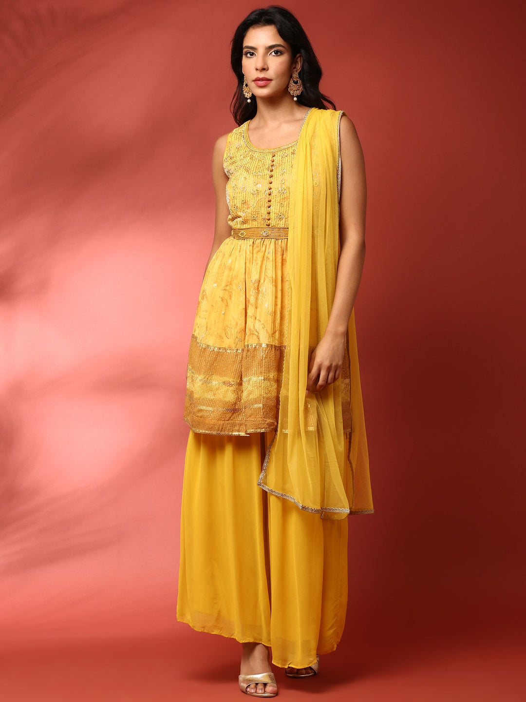 Neerus Yellow Georgette Embroidered Suit Set - back view