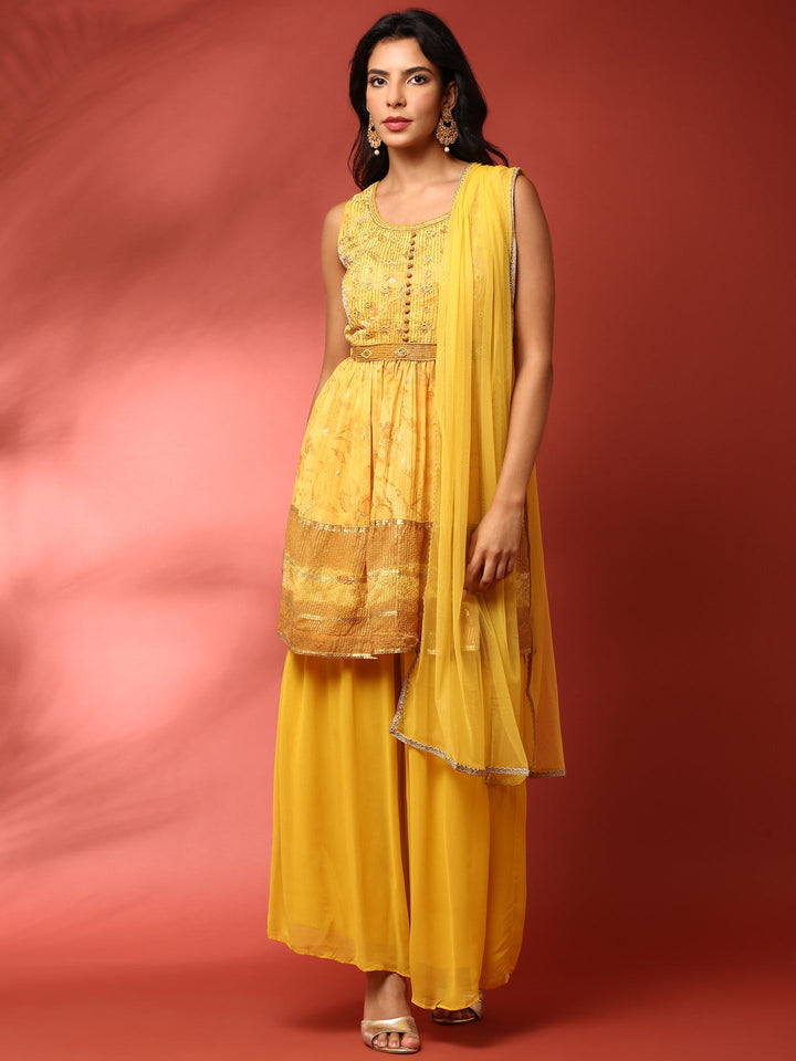 Neerus Yellow Georgette Embroidered Suit Set - back view