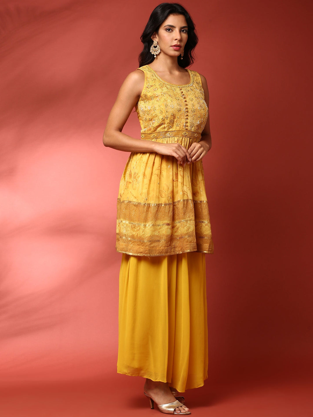 Neerus Yellow Georgette Embroidered Suit Set - side view