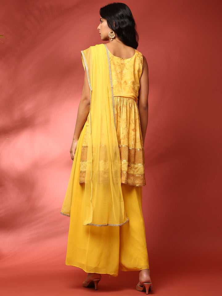 Yellow georgette embroidered peplum and palazzo Three piece set