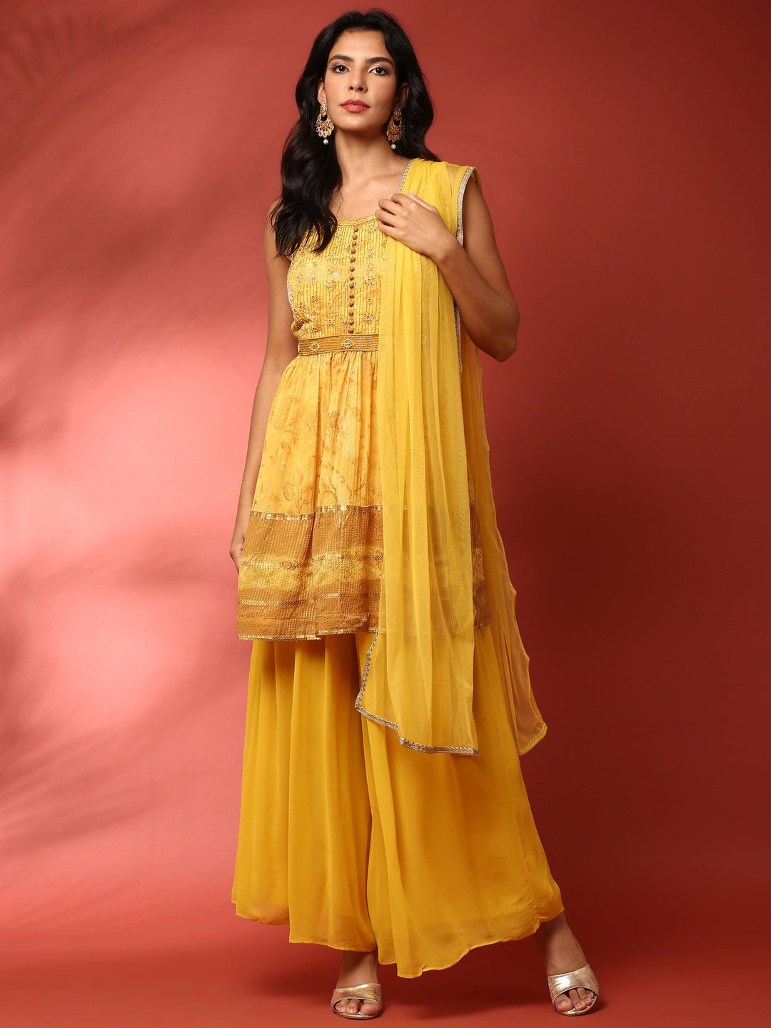 Neerus Yellow Georgette Embroidered Suit Set - front view