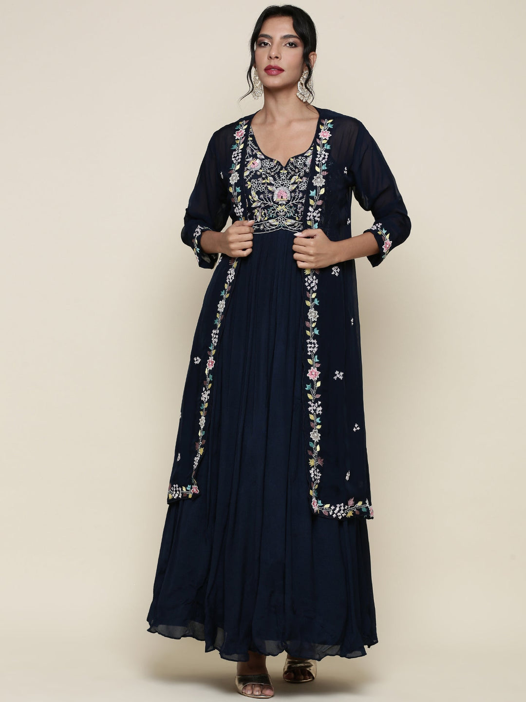 Neerus Blue georgette embroidered anarkali with jacket - front view