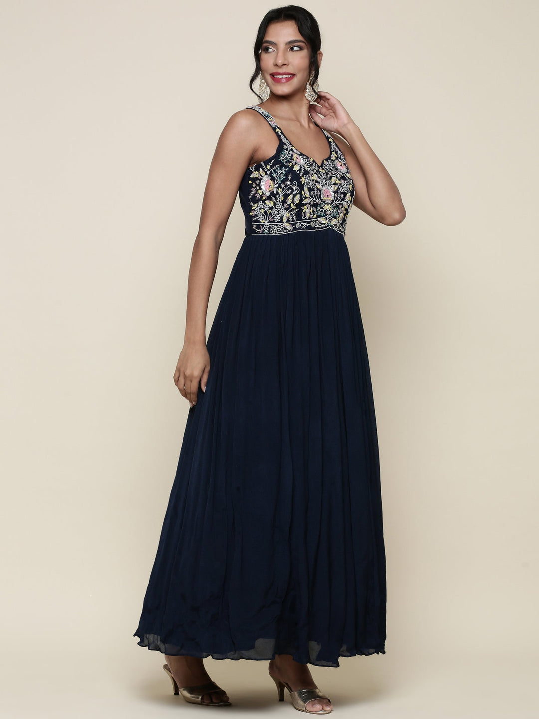 Neerus Blue georgette embroidered anarkali with jacket - back view