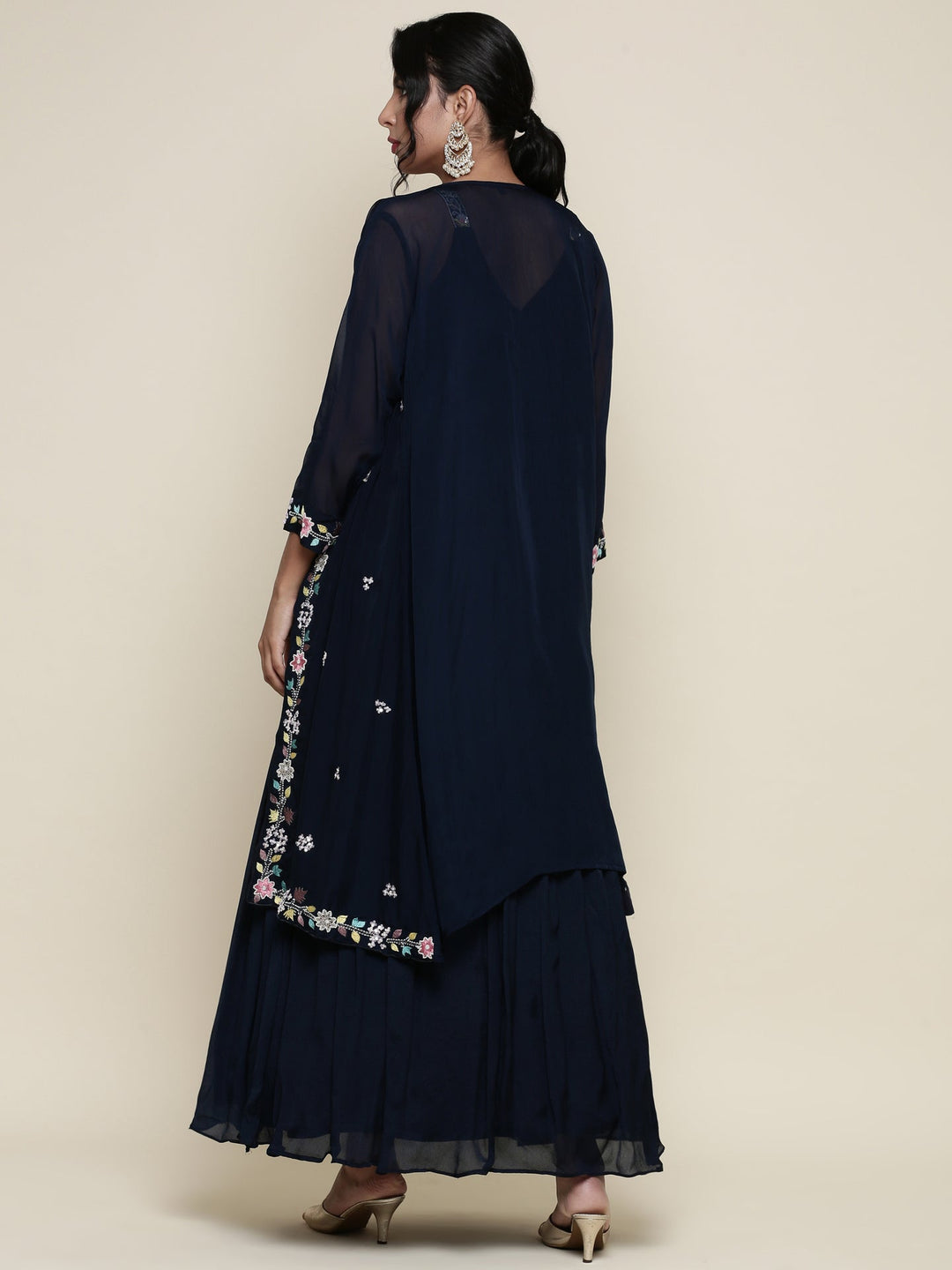 Neerus Blue georgette embroidered anarkali with jacket - side view