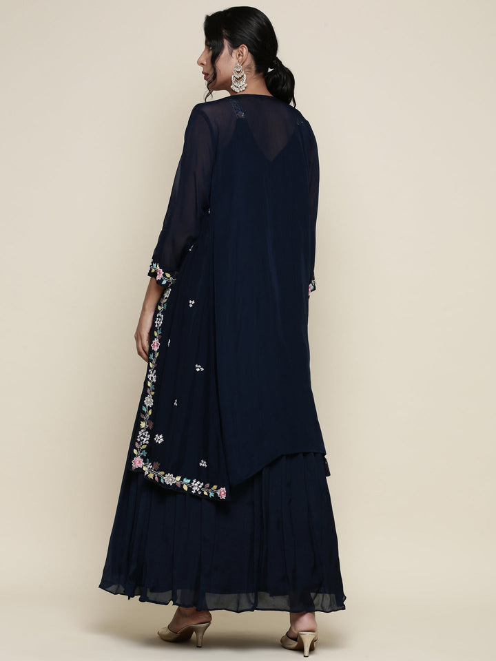 Neerus Blue georgette embroidered anarkali with jacket - side view
