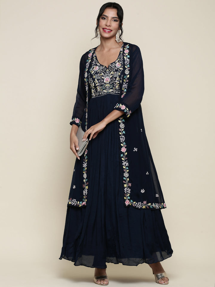 Neerus Blue georgette embroidered anarkali with jacket - detail view 2