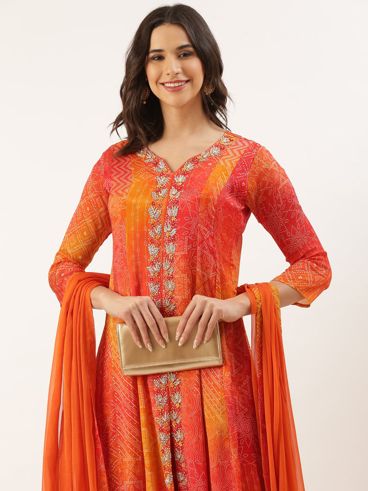 Neerus Orange Chinon Printed Suit Set - detail view 2