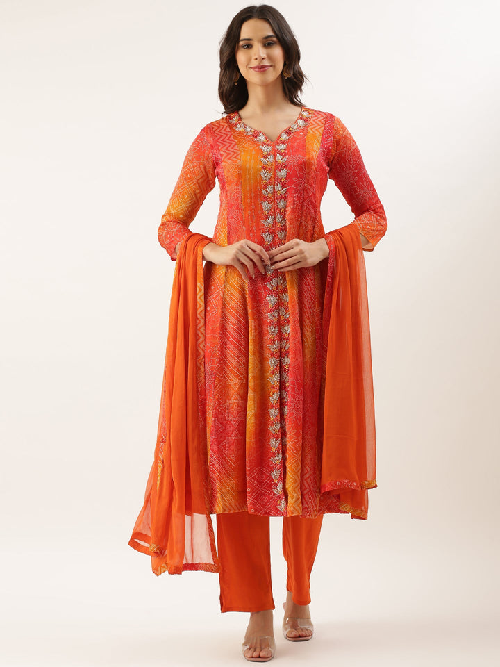 Neerus Orange Chinon Printed Suit Set - front view
