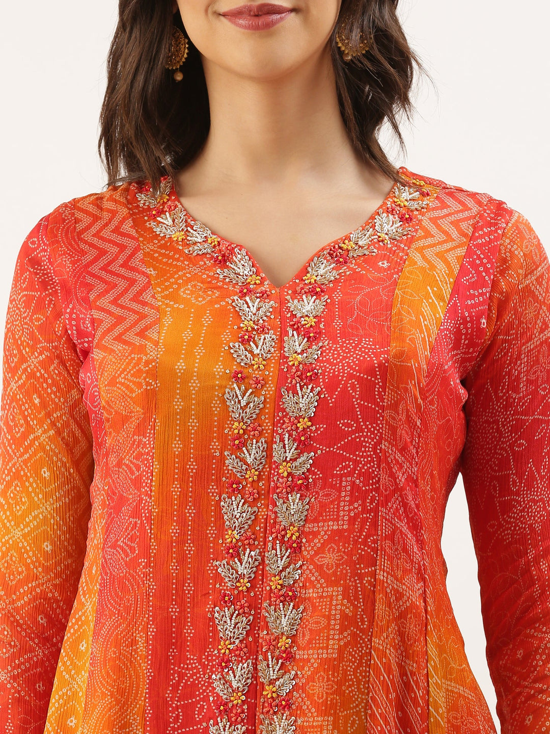 Neerus Orange Chinon Printed Suit Set - detail view 1