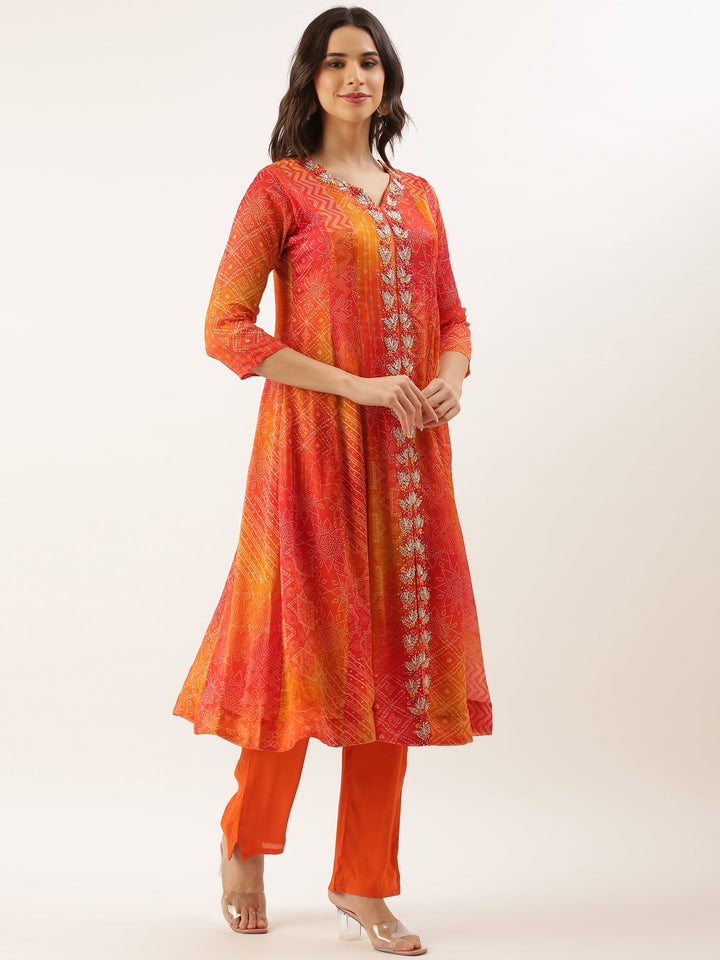 Neerus Orange Chinon Printed Suit Set - back view